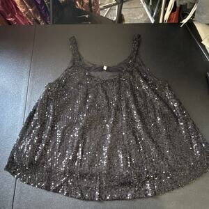 Women's Sleeveless Sequin Camisole Tank Top Scoop Neck Black Size L
